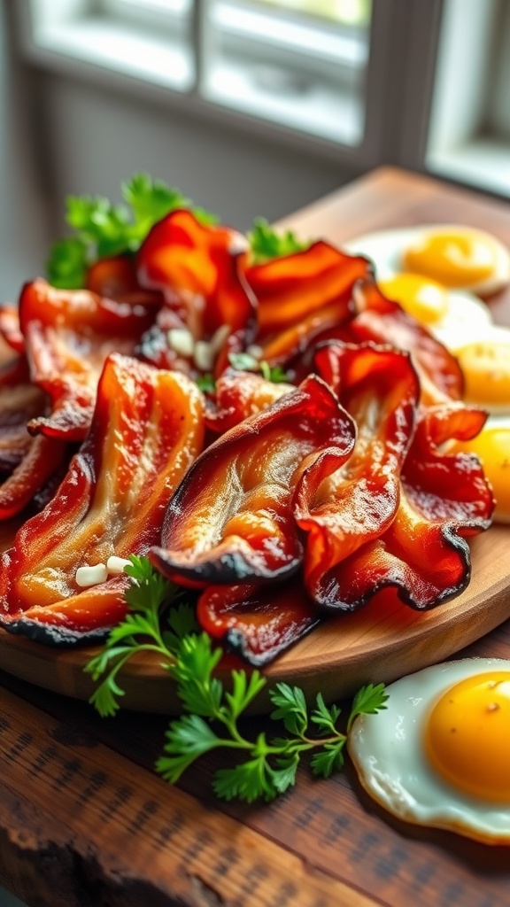 Crispy pork jowl bacon on a wooden platter with fresh herbs and eggs.